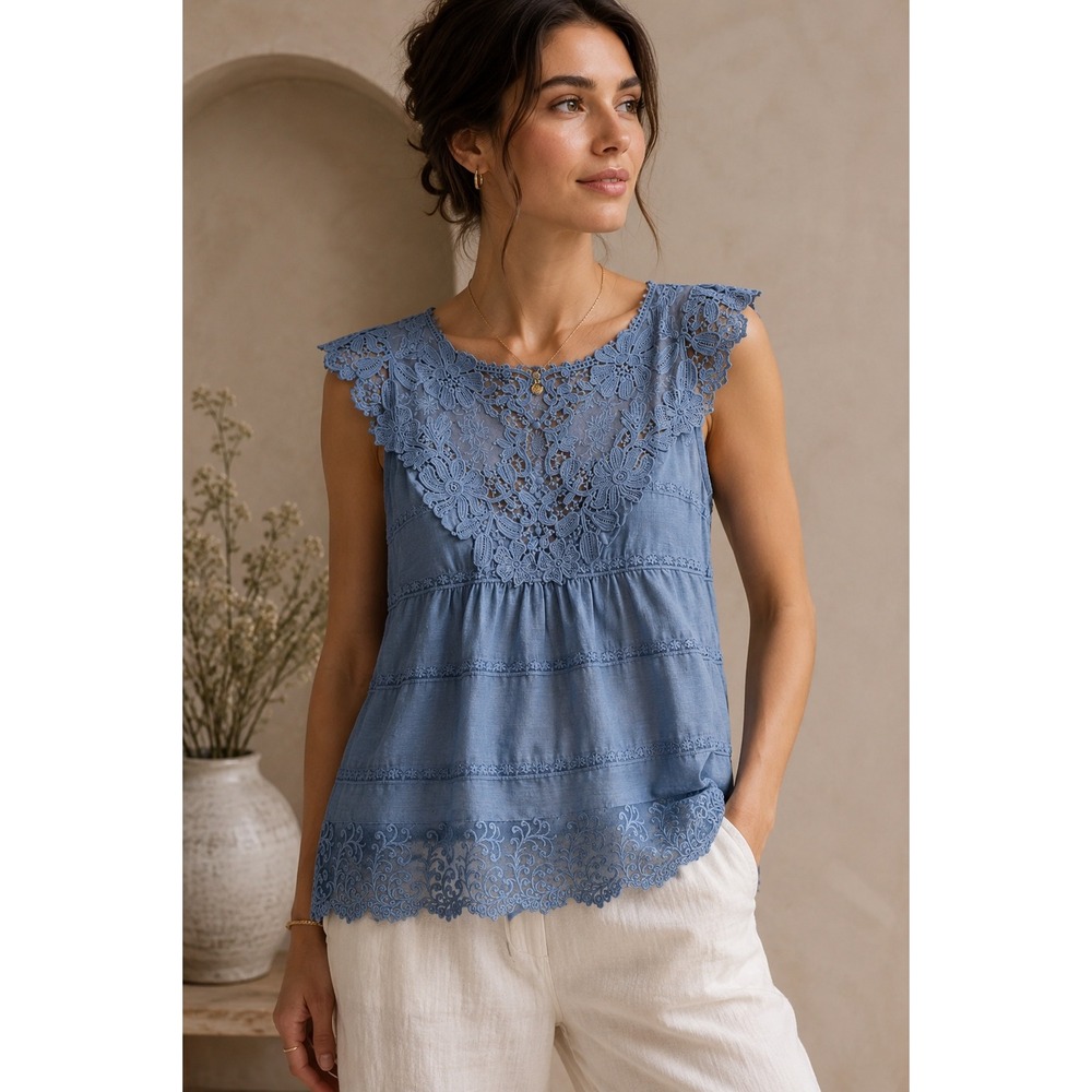 2/$30 BCBGMAXAZRIA Blouse Top Sz S Blue Sleeveless Lace Dainty Semi Sheer Fairy
